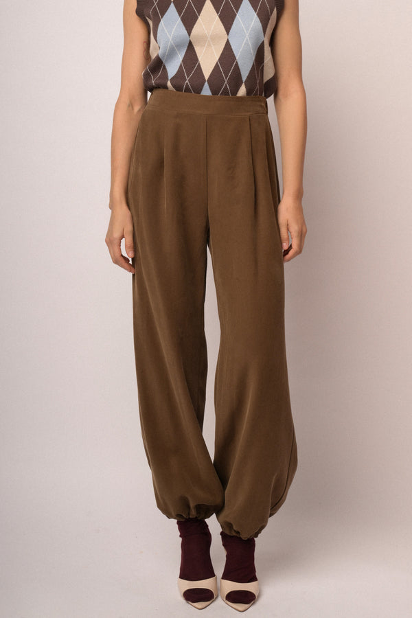 Pantaloni a gamba ampia con orli elasticizzati cioccolato