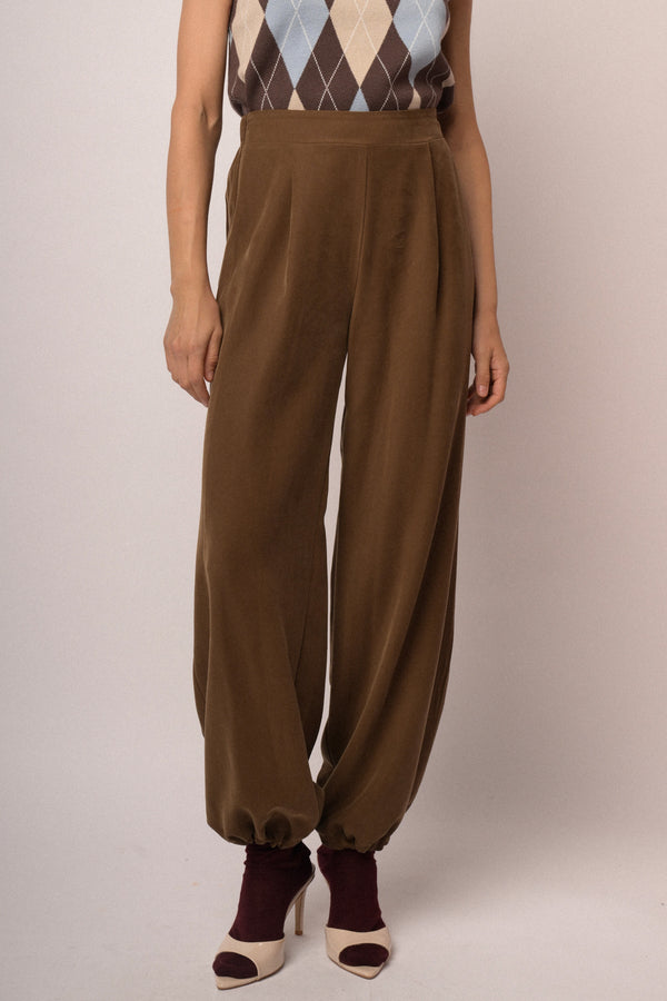 Pantaloni a gamba ampia con orli elasticizzati cioccolato
