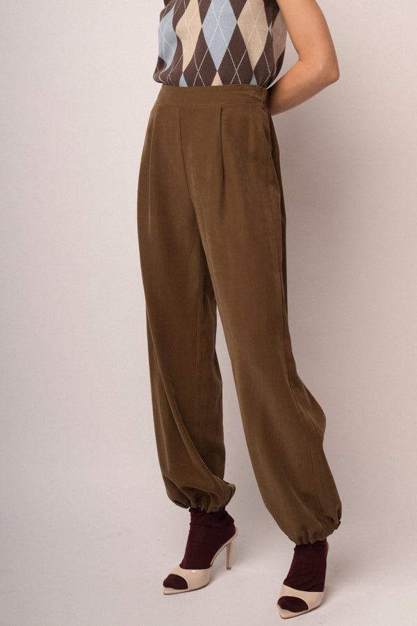 Pantaloni a gamba ampia con orli elasticizzati cioccolato