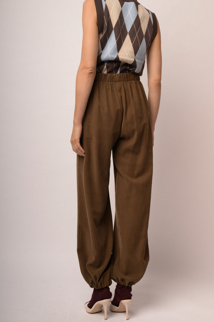 Pantaloni a gamba ampia con orli elasticizzati cioccolato