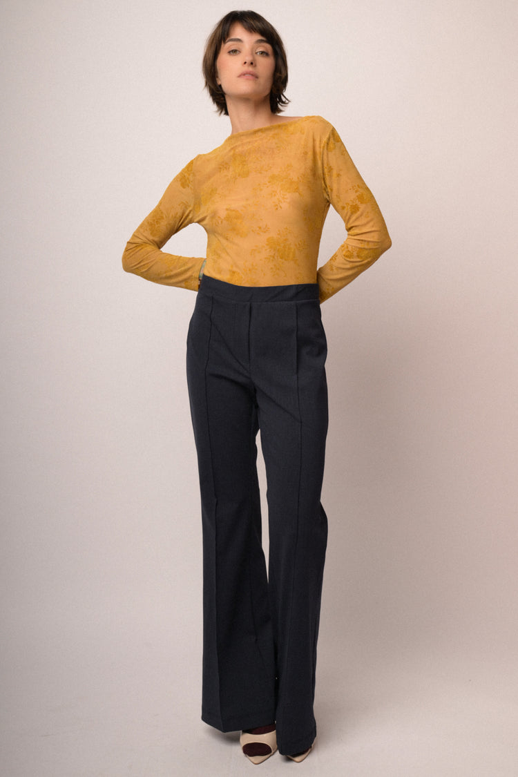 Pantaloni svasati misto cotone blu a righe