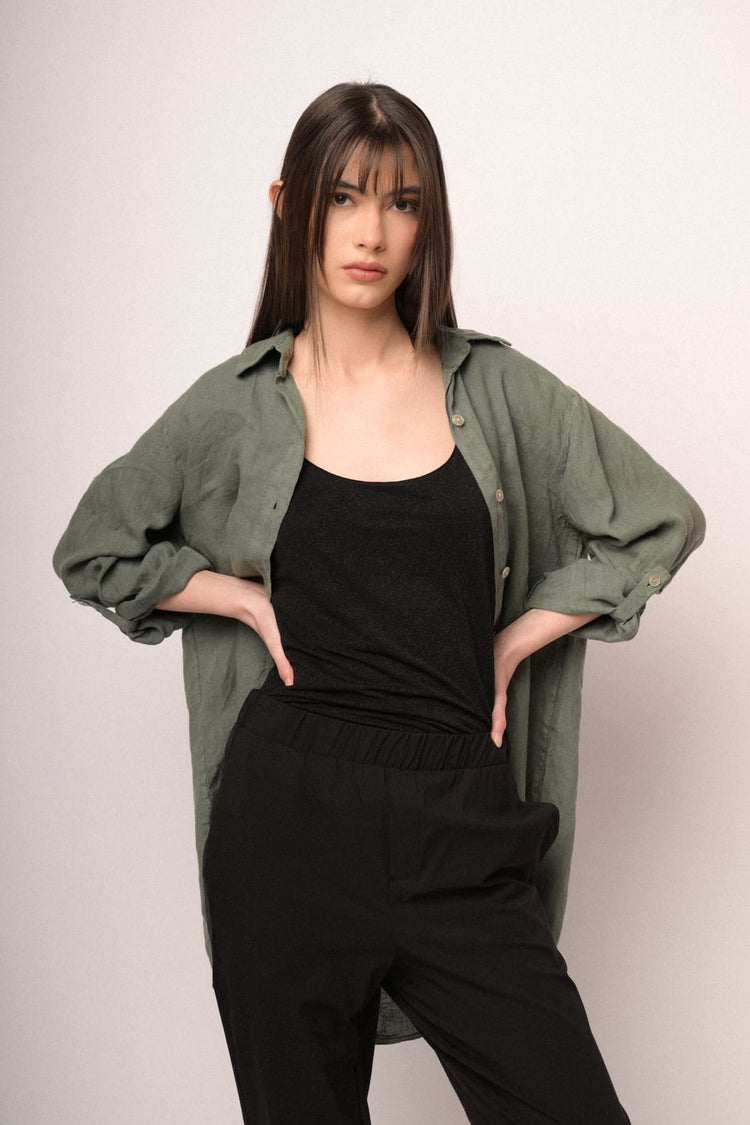 Camicia oversize in lino verde