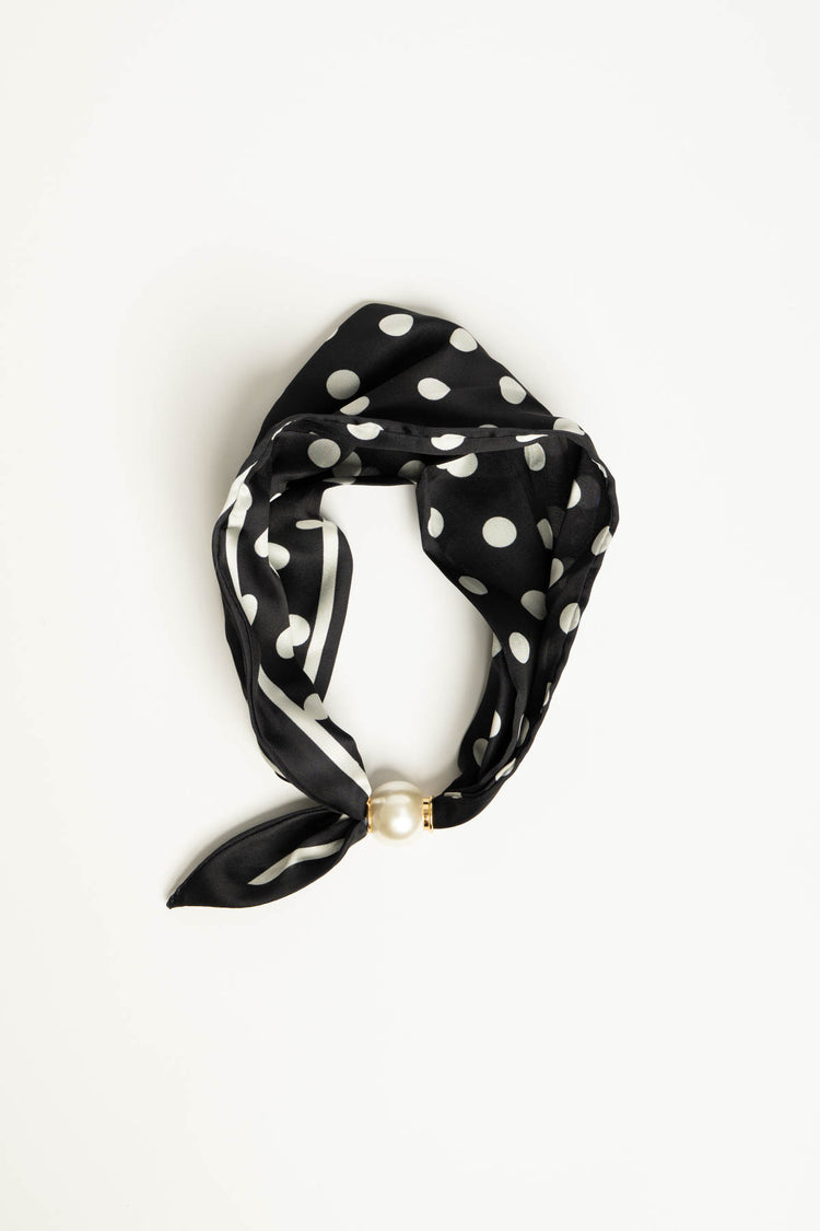 Foulard a stampa pois nero/bianco con perla