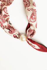 Foulard a stampa paisley rosso/bianco con perla