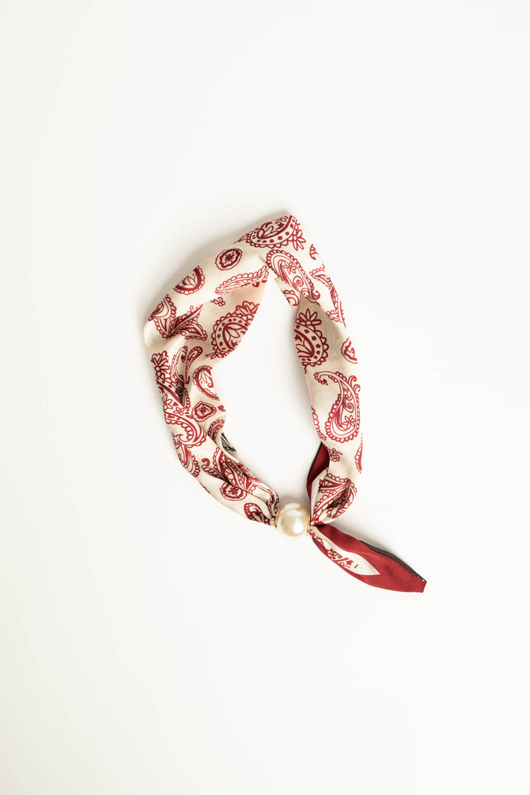 Foulard a stampa paisley rosso/bianco con perla
