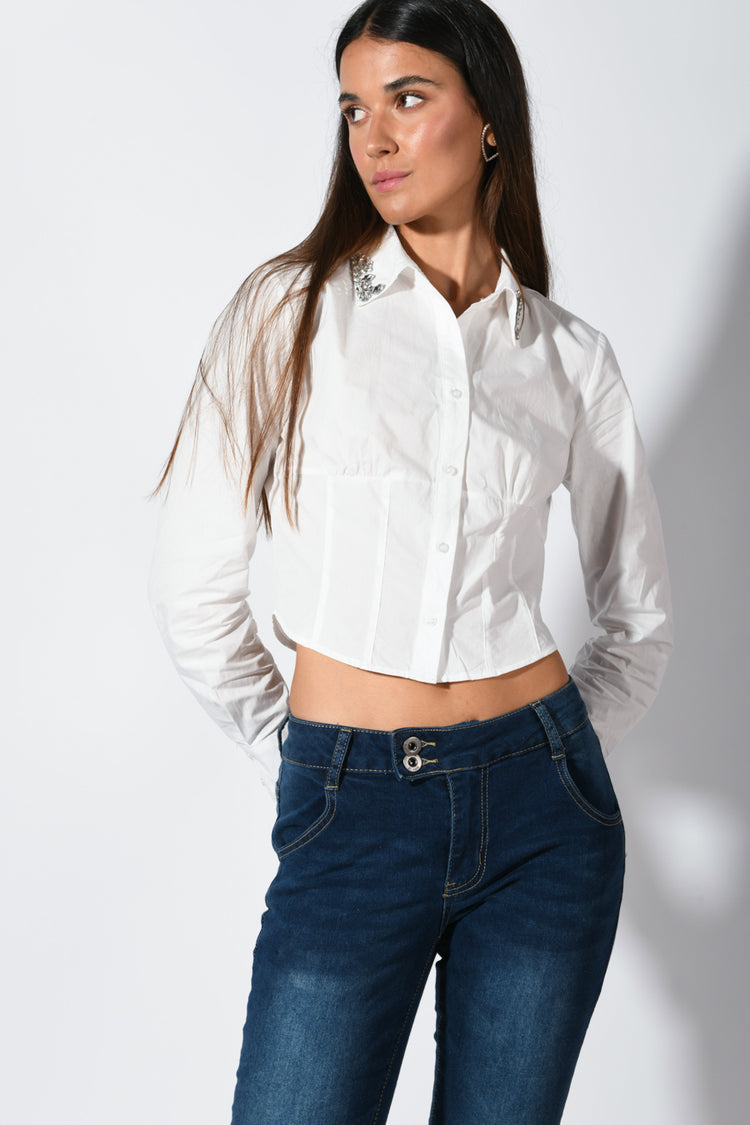 Camicia bustier con strass al colletto