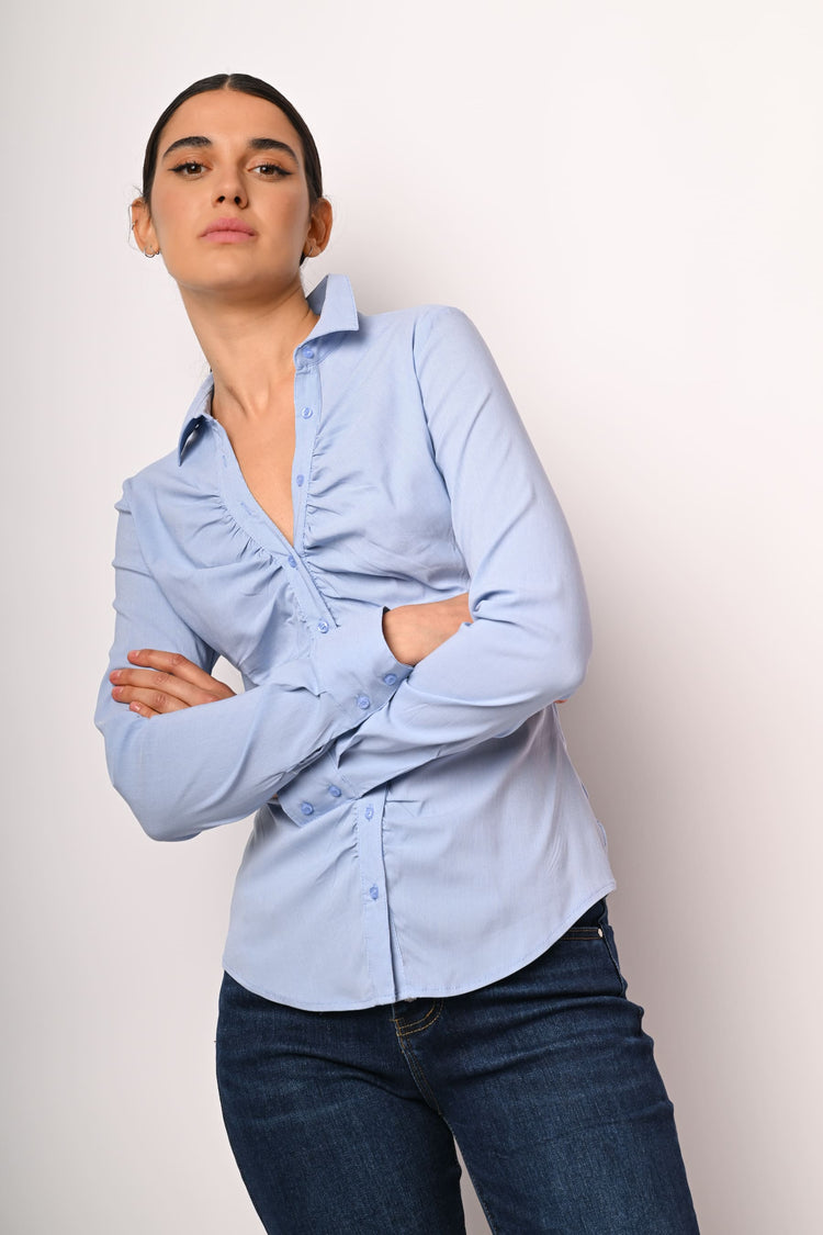Camicia misto cotone a righe con arricciatura