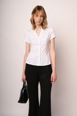 Camicia in cotone stretch bianco con rouches al colletto