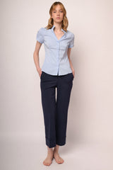 Camicia in cotone stretch a righe celeste con rouches al colletto