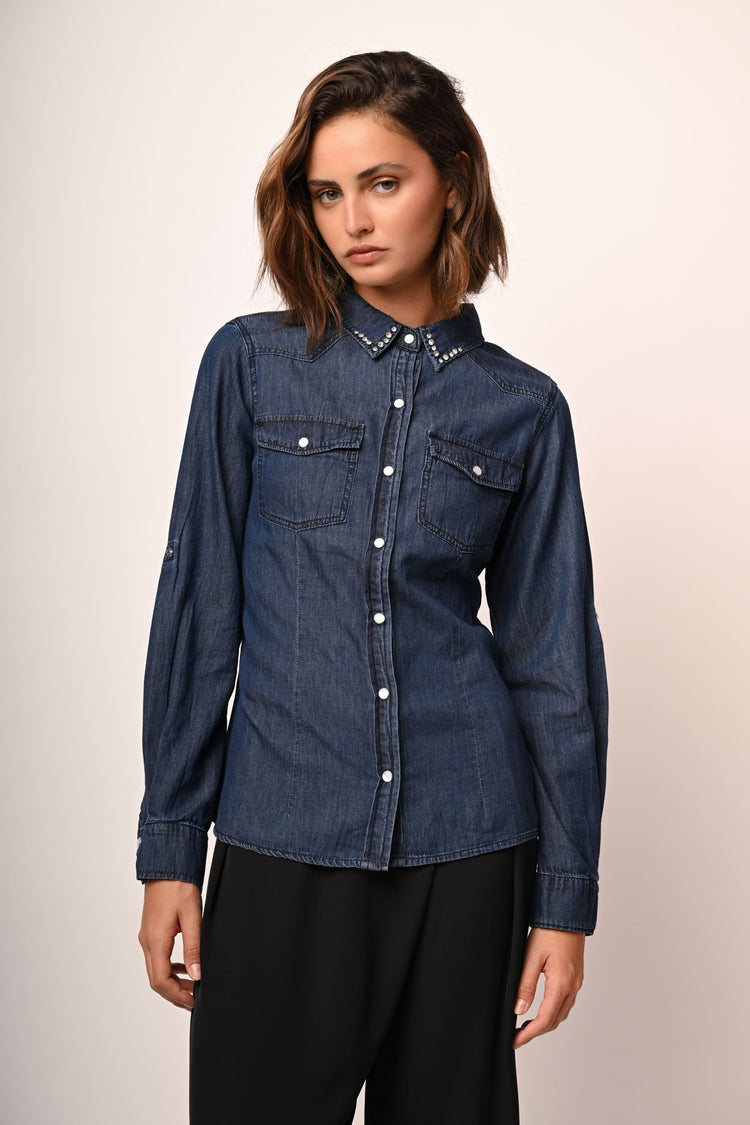 Camicia in denim con strass al colletto