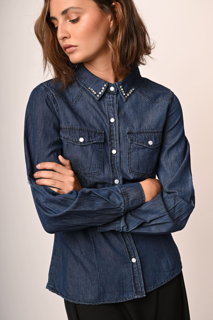 Camicia in denim con strass al colletto
