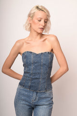 Bustier in denim blu con decorazione strass