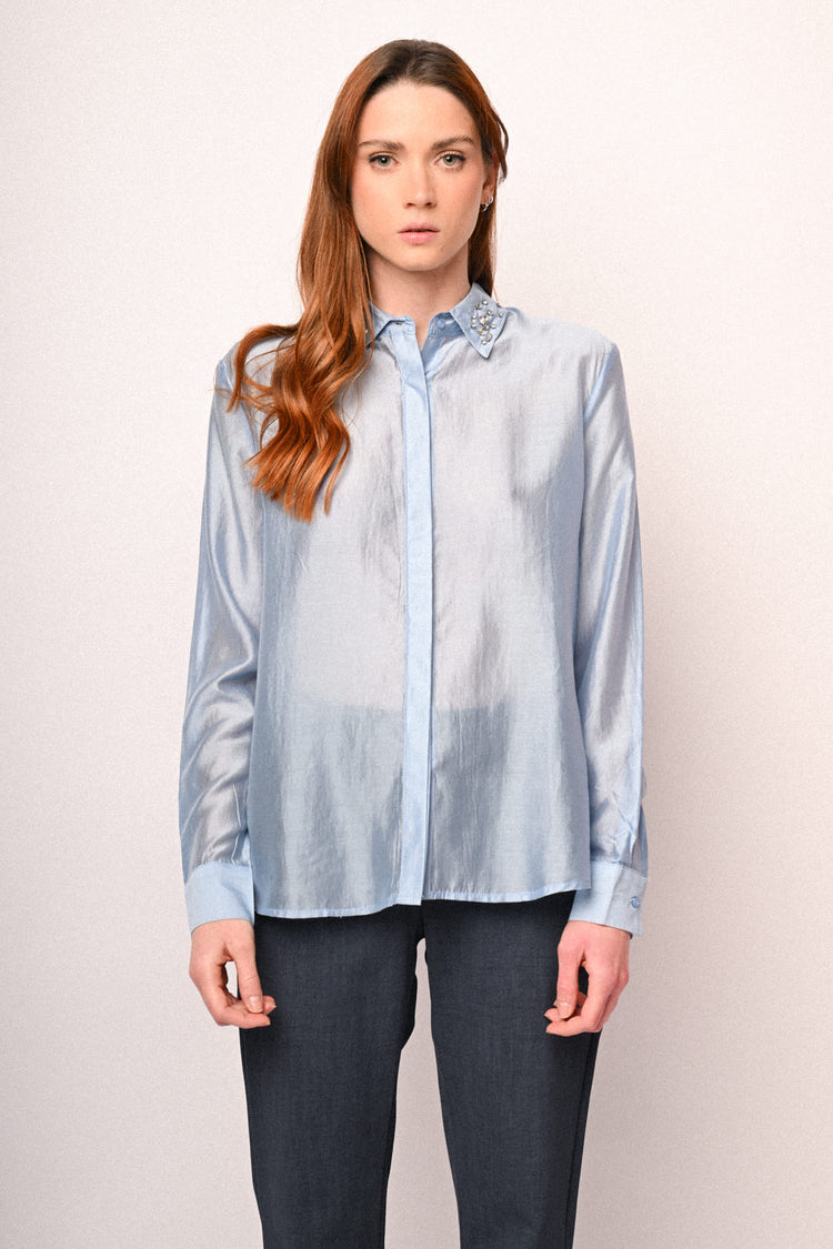 Camicia misto lyocell con strass sul colletto