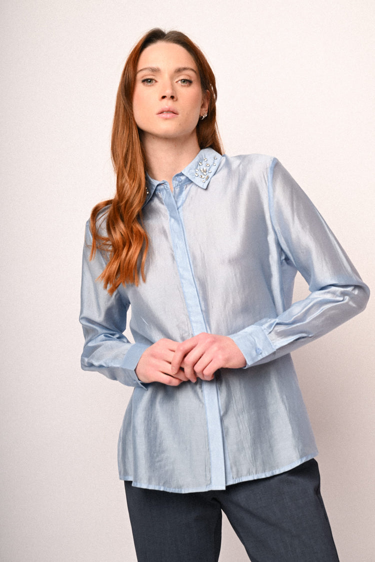 Camicia misto lyocell con strass sul colletto