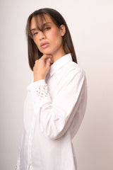 Camicia misto cotone bianco con polsini-gioiello