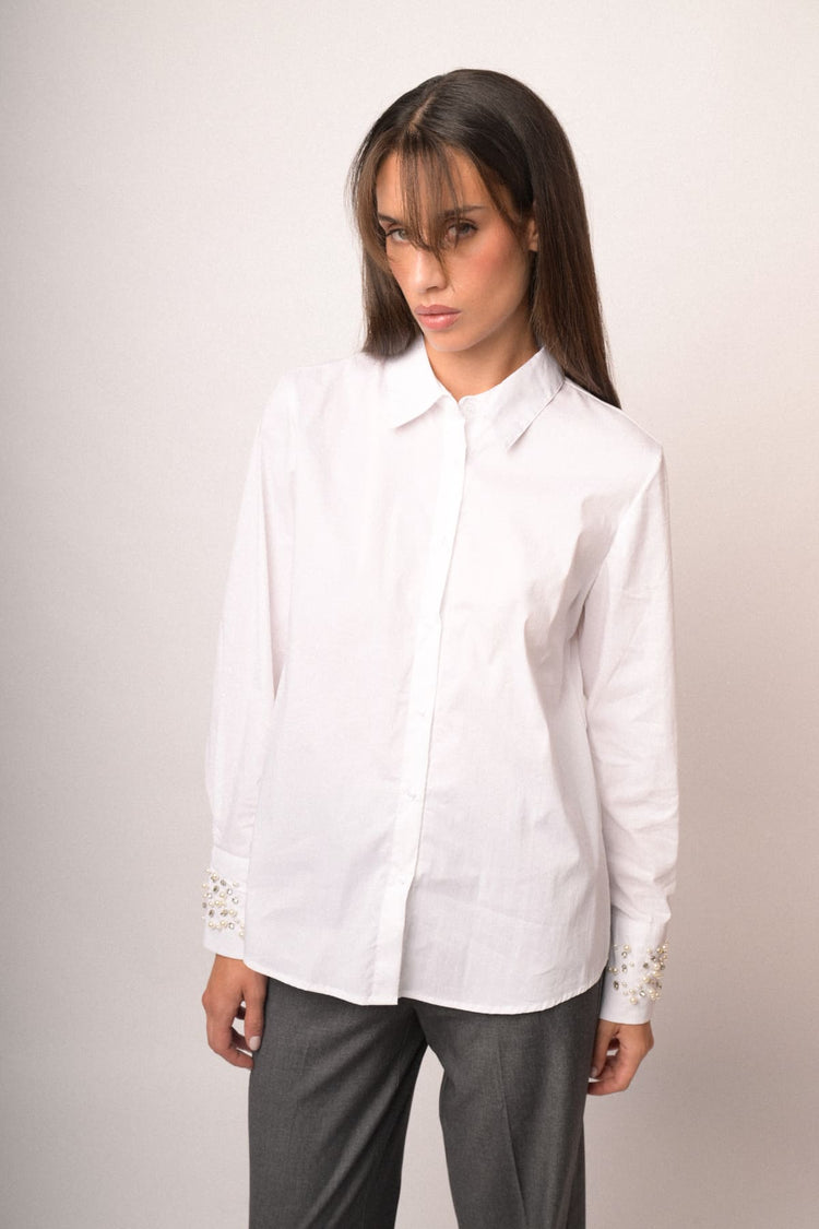 Camicia misto cotone bianco con polsini-gioiello