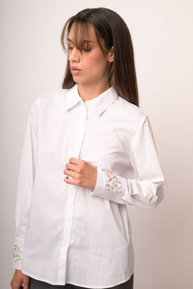 Camicia misto cotone bianco con polsini-gioiello