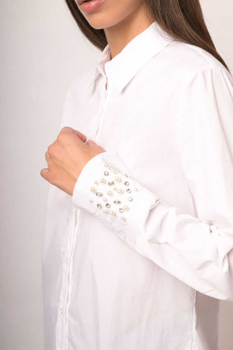 Camicia misto cotone bianco con polsini-gioiello