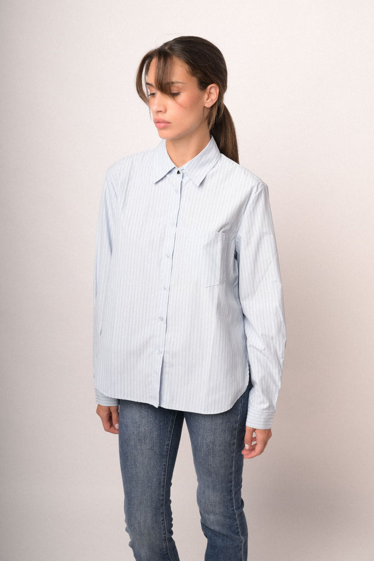 Camicia misto cotone a righe azzurre con bottoni a cuore