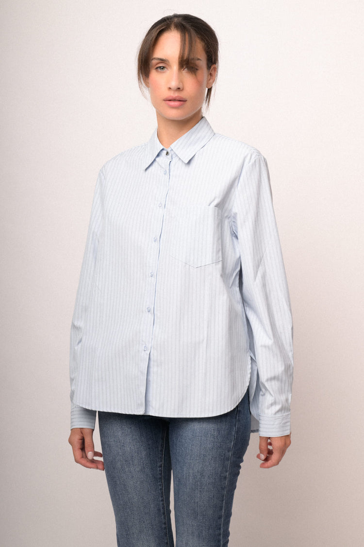 Camicia misto cotone a righe azzurre con bottoni a cuore