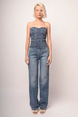 Jeans palazzo in denim blu con decorazione strass