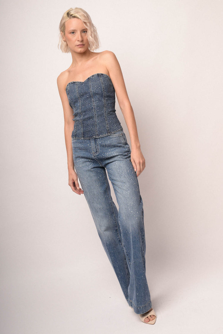 Jeans palazzo in denim blu con decorazione strass