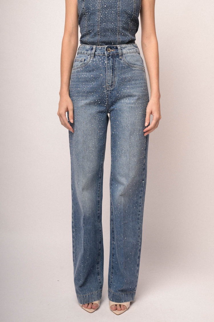 Jeans palazzo in denim blu con decorazione strass