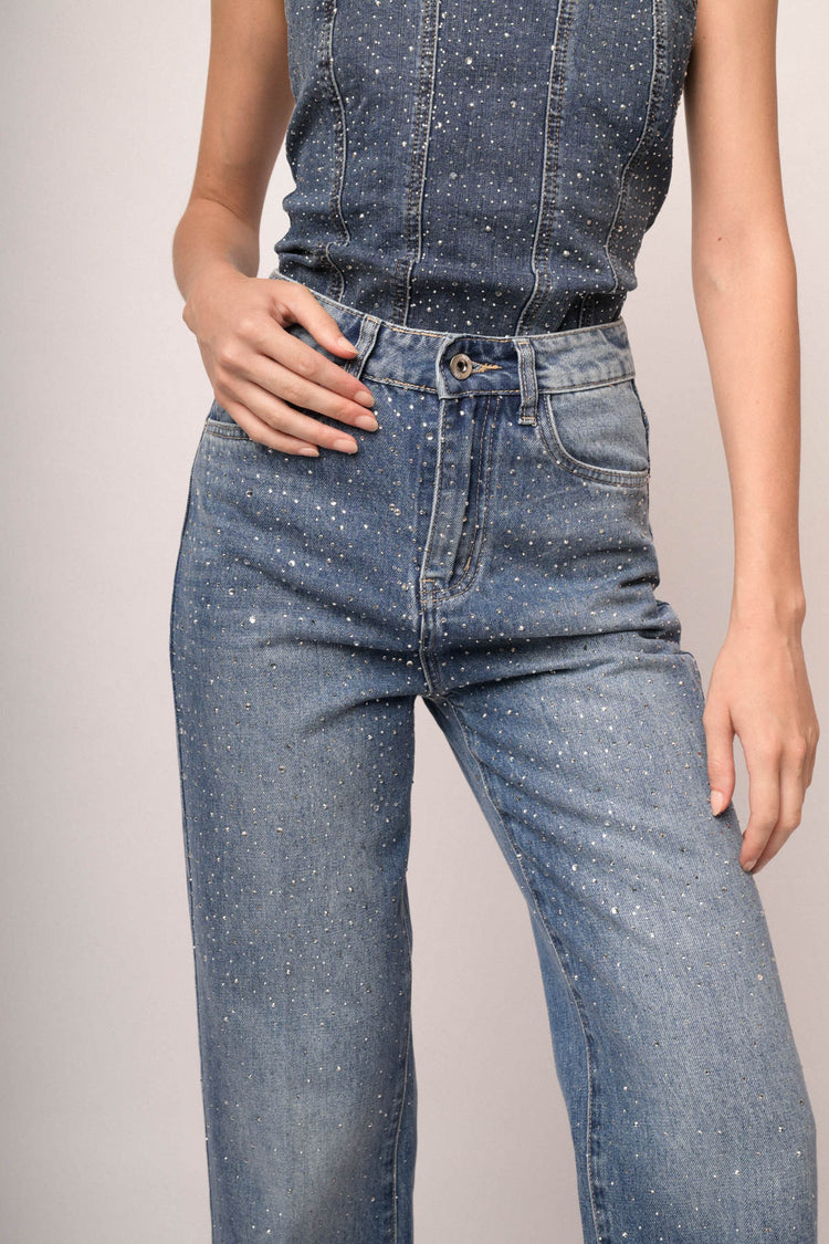 Jeans palazzo in denim blu con decorazione strass