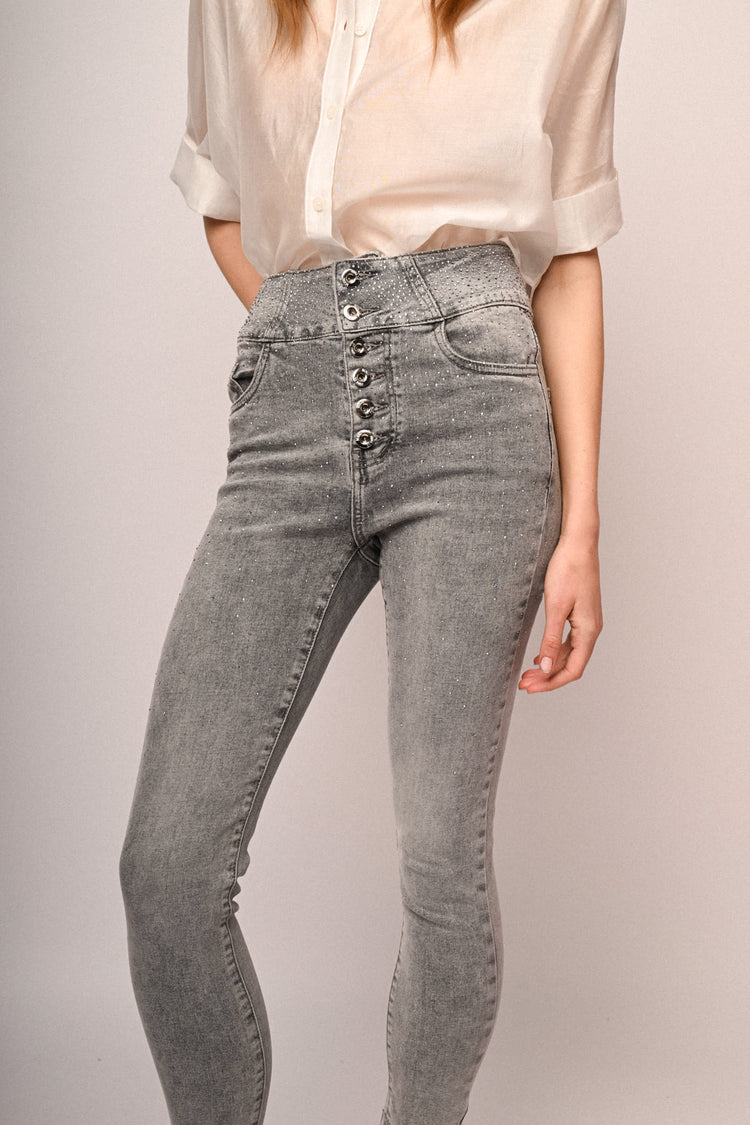 Jeans skinny in denim grigio con decorazione strass