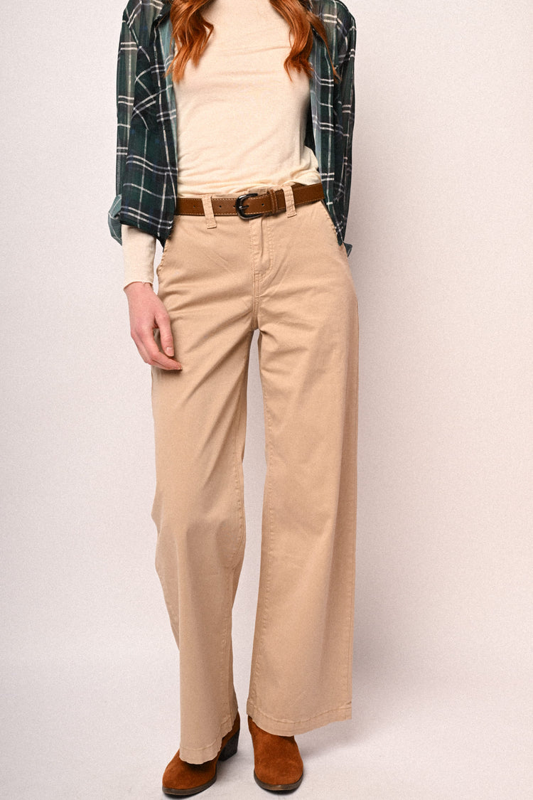 Pantaloni wide-leg in drill beige con cintura