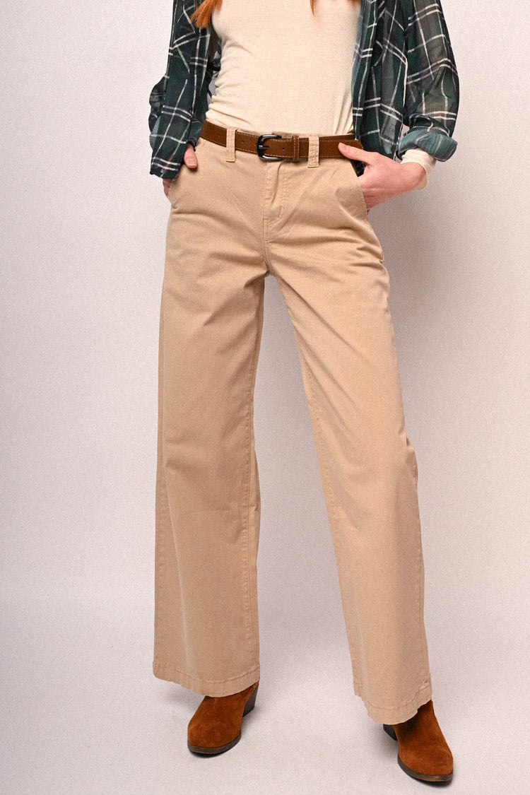 Pantaloni wide-leg in drill beige con cintura