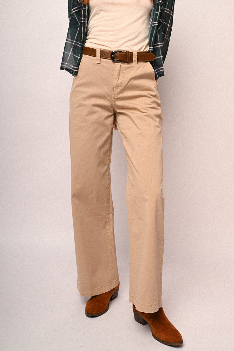 Pantaloni wide-leg in drill beige con cintura