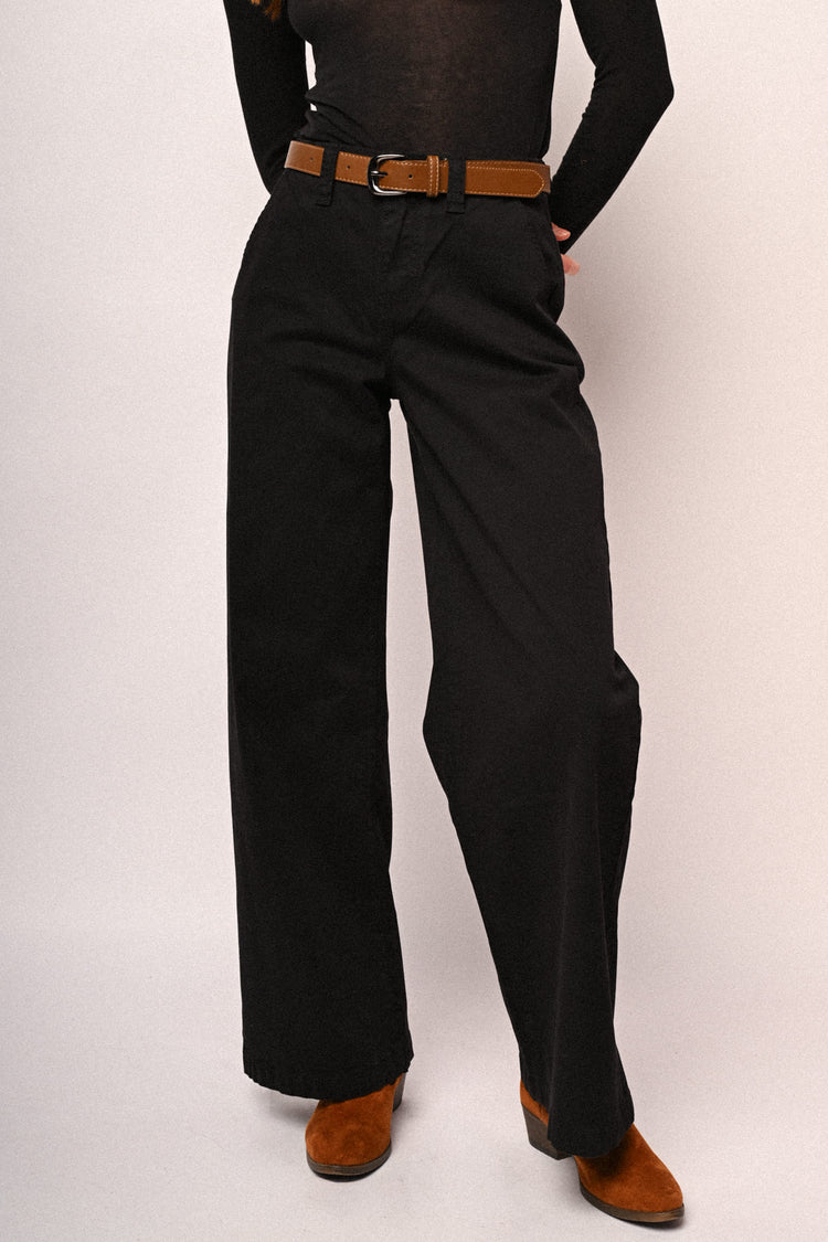 Pantaloni wide-leg in drill nero con cintura