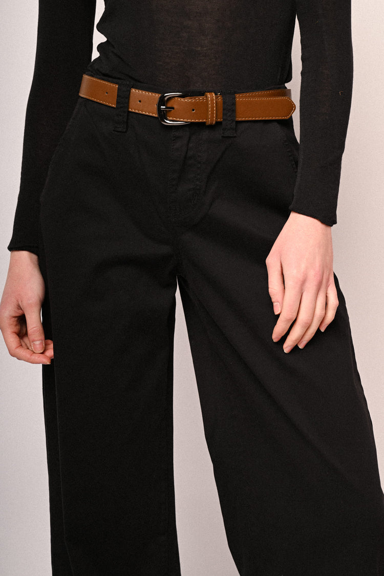 Pantaloni wide-leg in drill nero con cintura