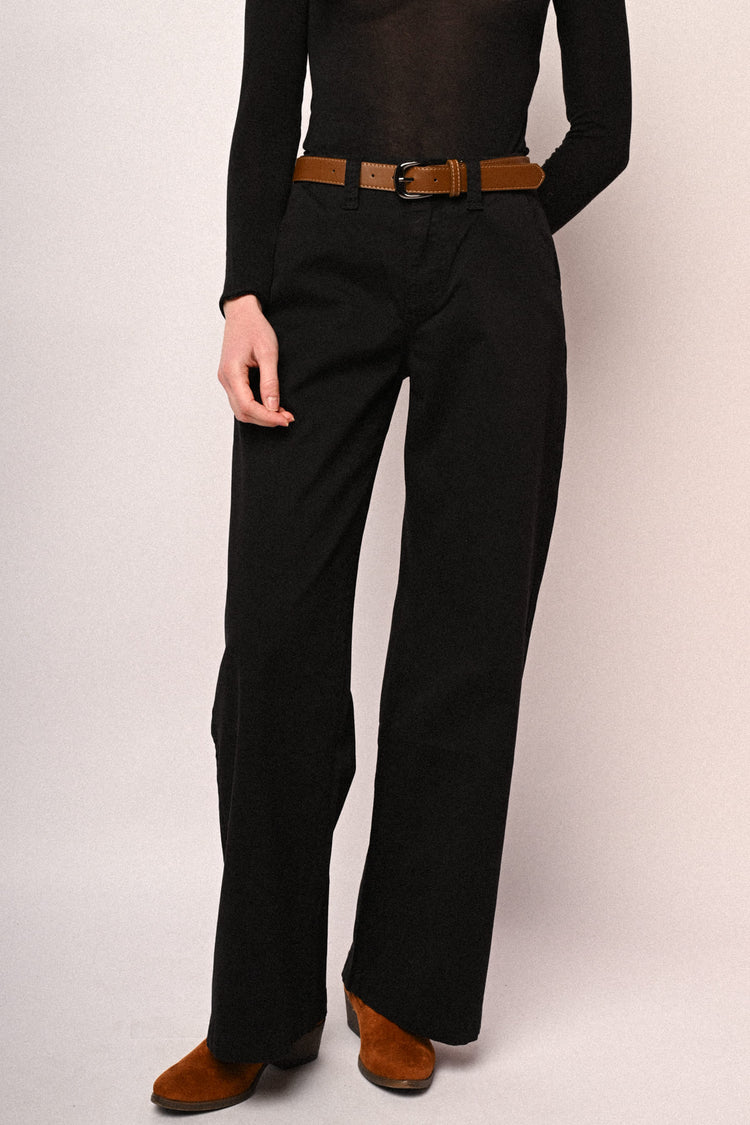 Pantaloni wide-leg in drill nero con cintura