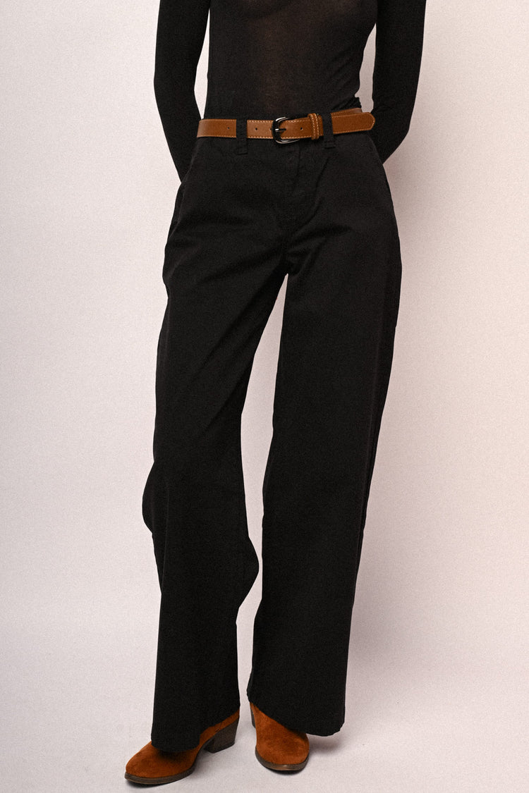 Pantaloni wide-leg in drill nero con cintura