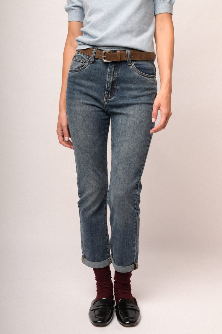 Jeans regular-fit in denim blu con cintura