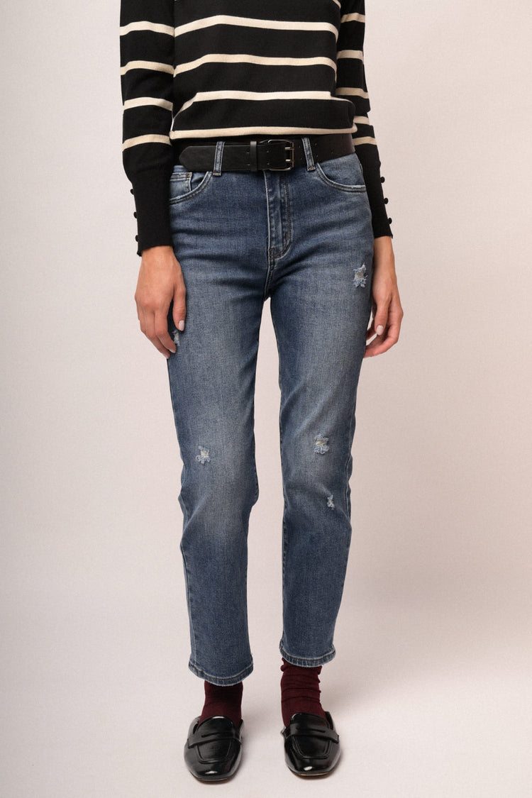 Jeans regular-fit in denim blu destroyed con cintura