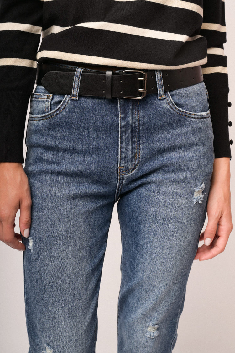Jeans regular-fit in denim blu destroyed con cintura