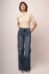 Jeans palazzo in denim blu con nervature laterali