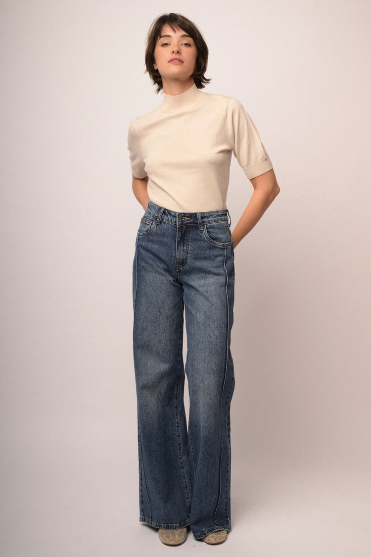 Jeans palazzo in denim blu con nervature laterali
