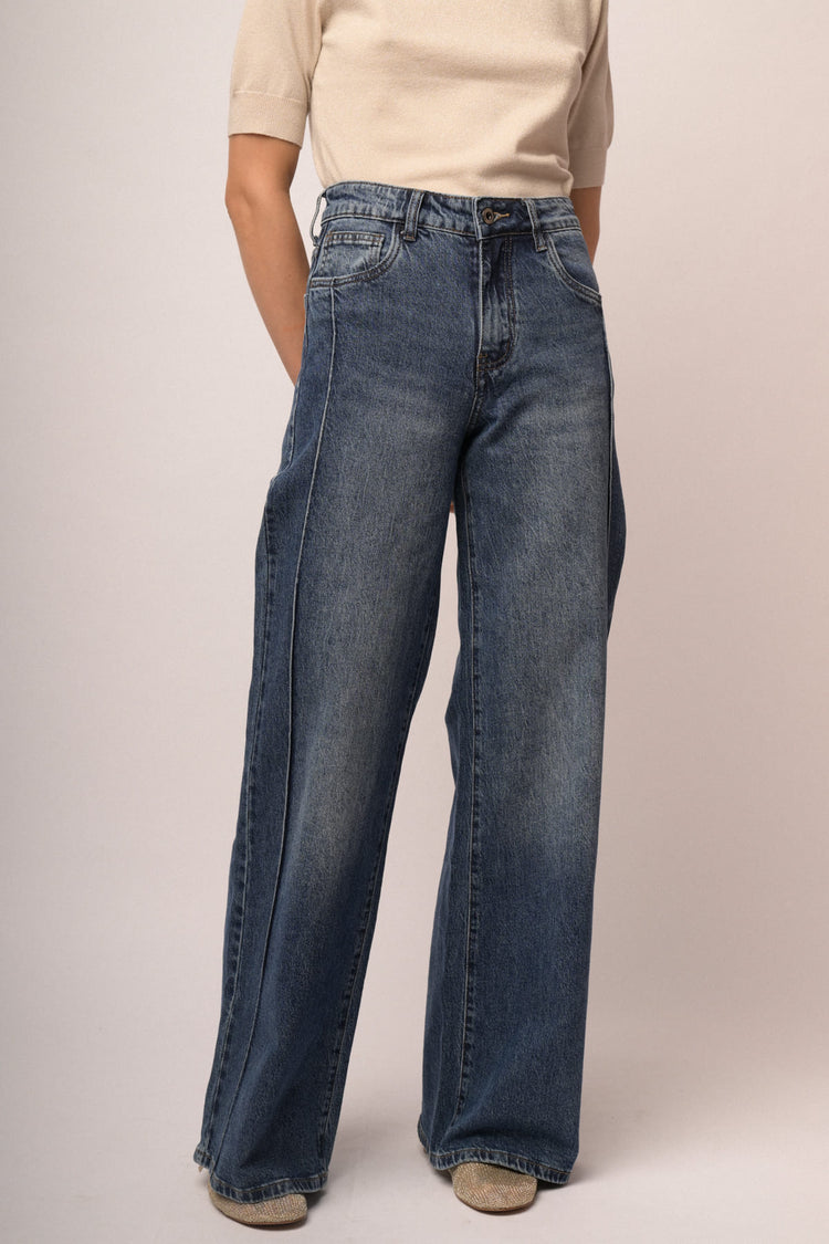 Jeans palazzo in denim blu con nervature laterali