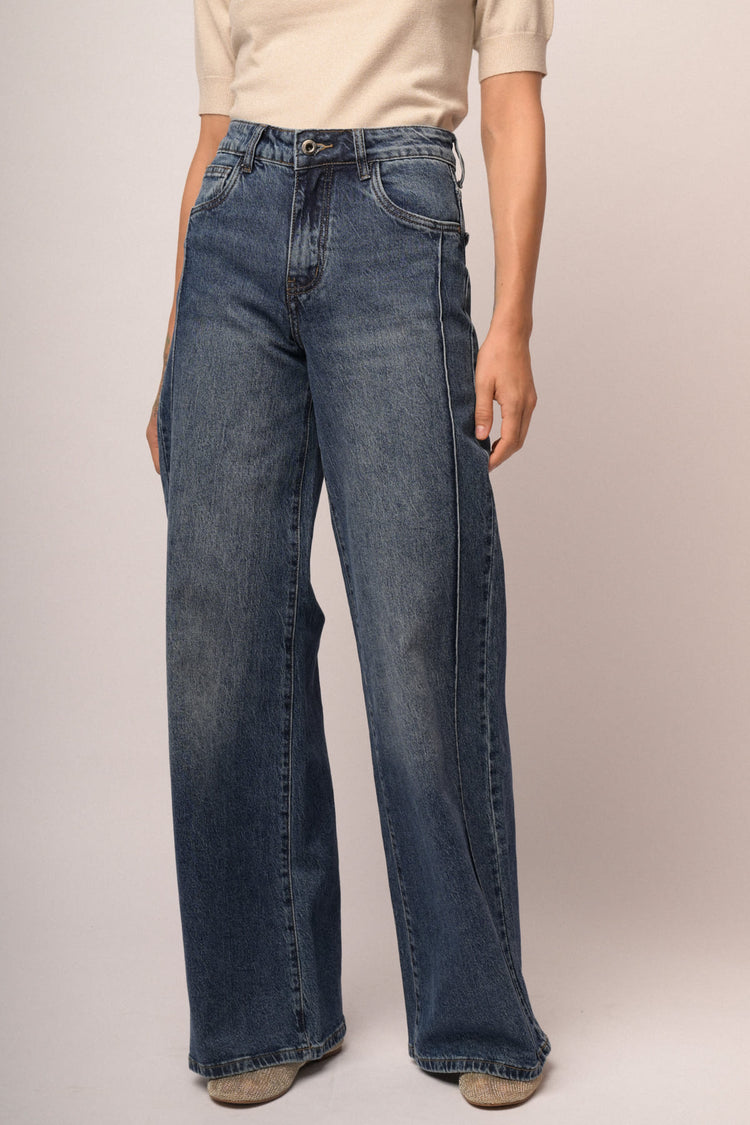 Jeans palazzo in denim blu con nervature laterali