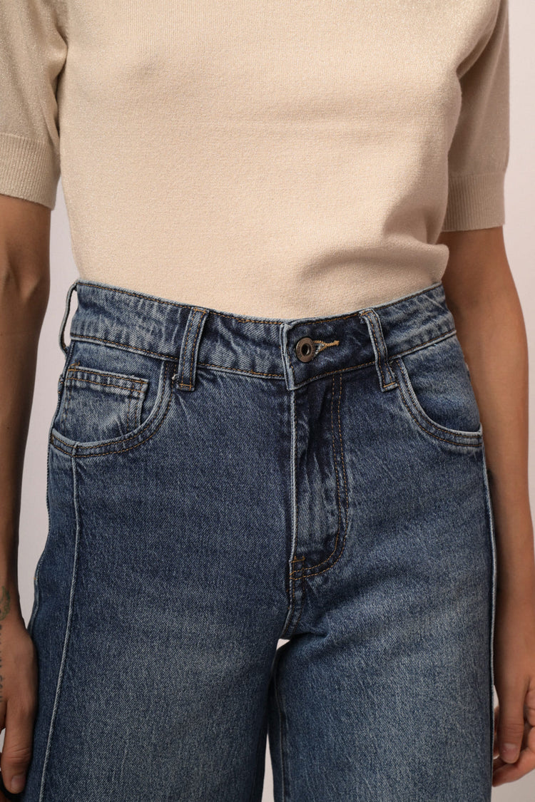 Jeans palazzo in denim blu con nervature laterali