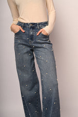Jeans wide-leg con perle e strass