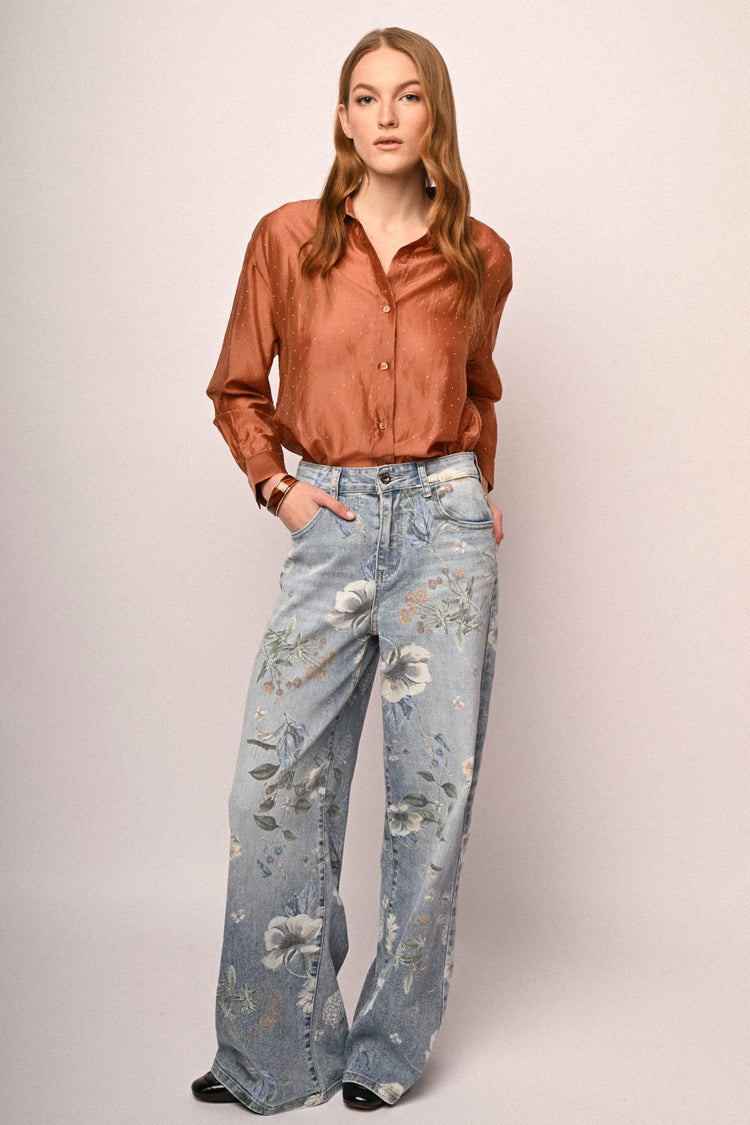 Jeans baggy in denim azzurro a stampa floreale