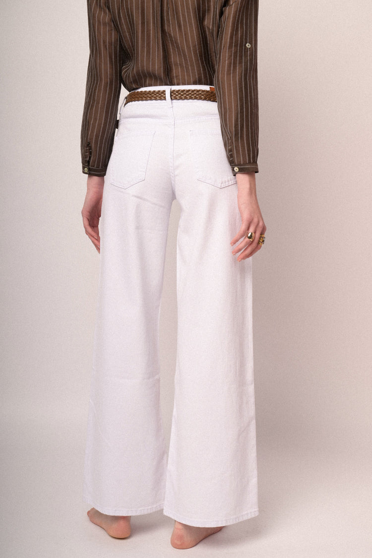 Pantaloni wide-leg in drill bianco con cintura
