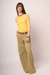 Pantaloni wide-leg in drill ocra con cintura