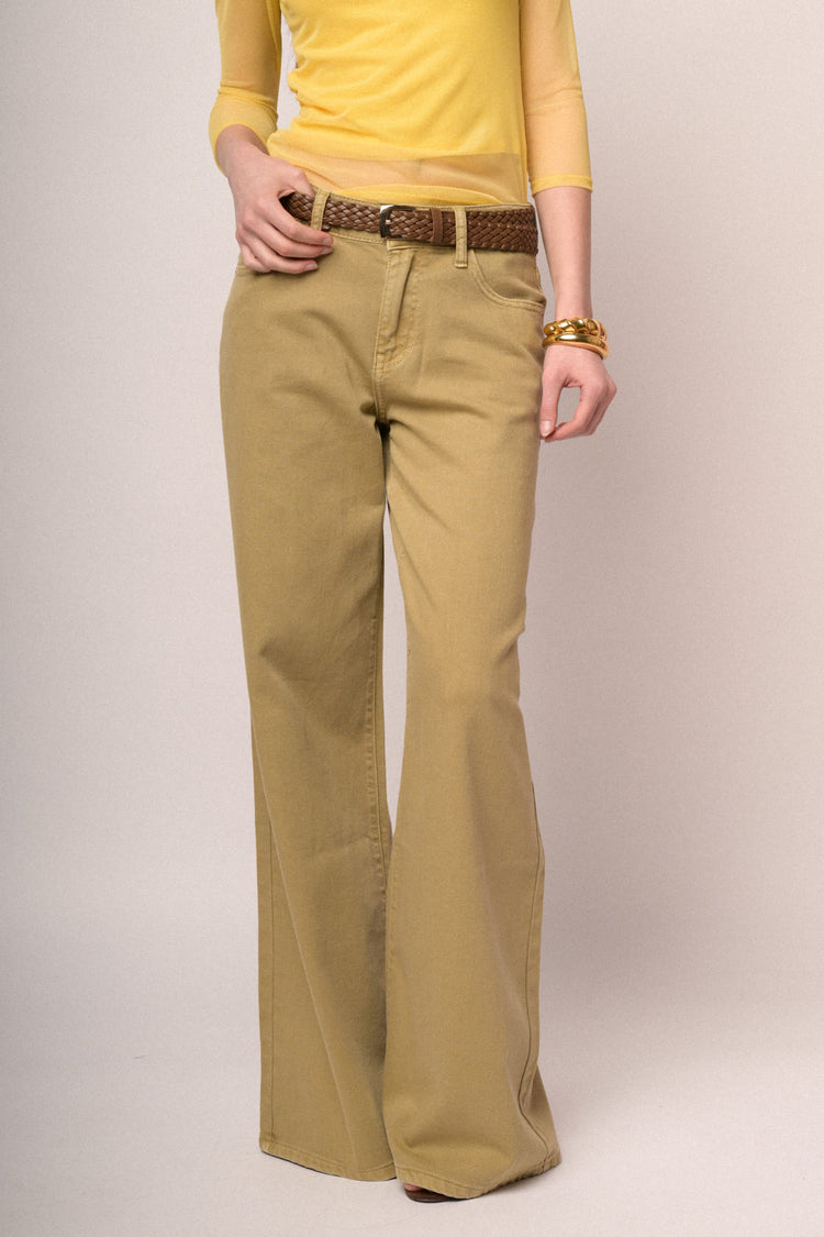 Pantaloni wide-leg in drill ocra con cintura