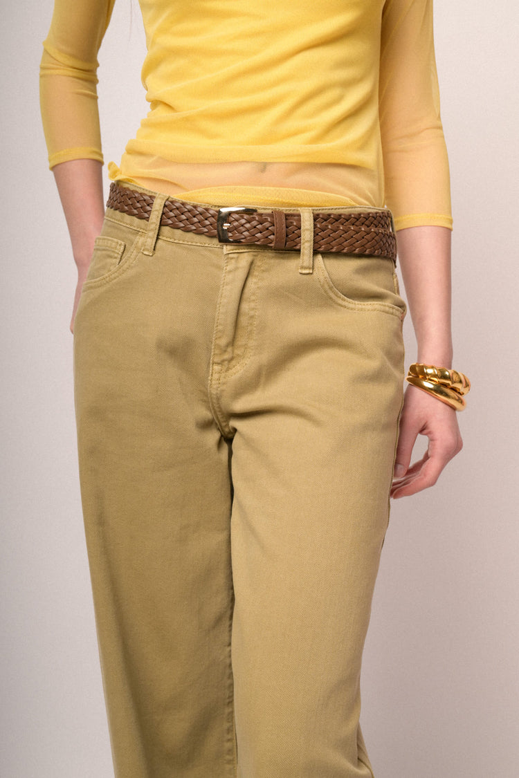 Pantaloni wide-leg in drill ocra con cintura